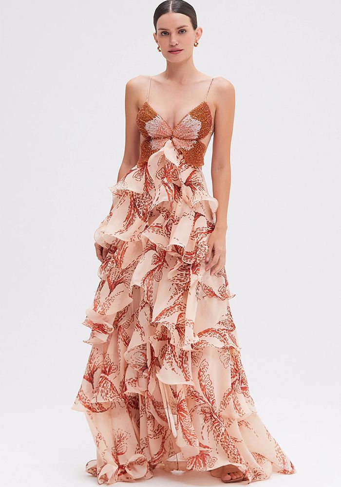 Robe Maxi à Volants Multi-Couches Papillon d'Été