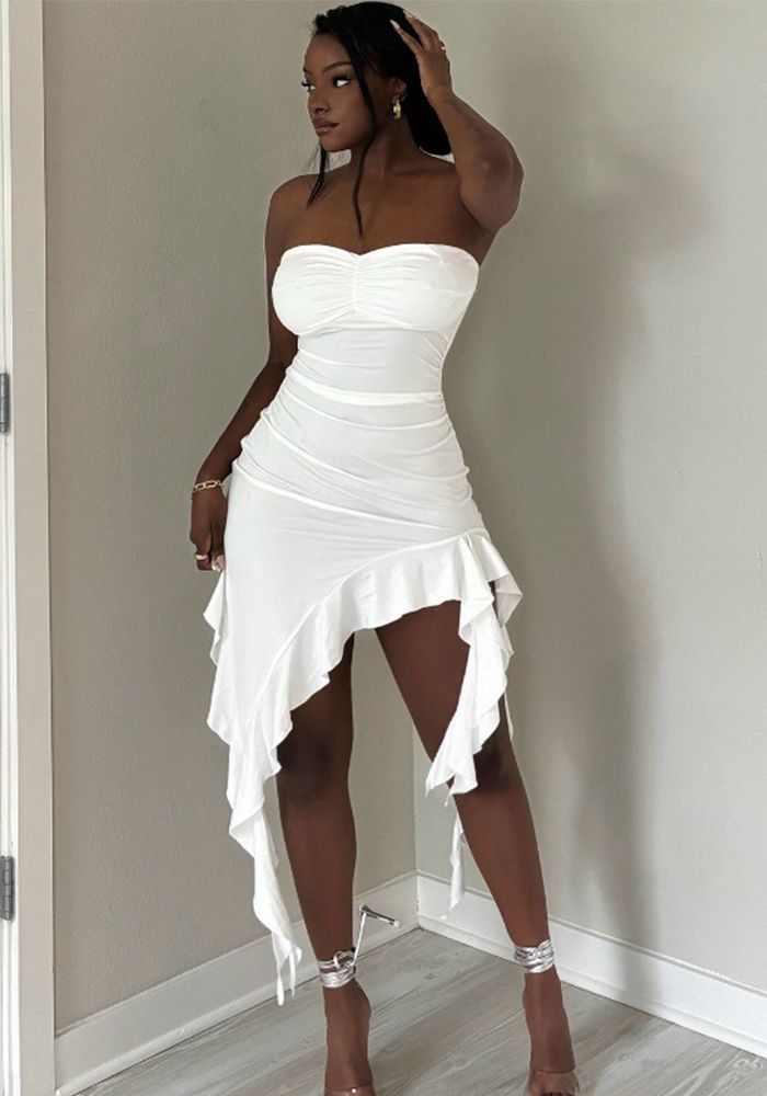 Robe sans bretelles à volants pour femmes en été