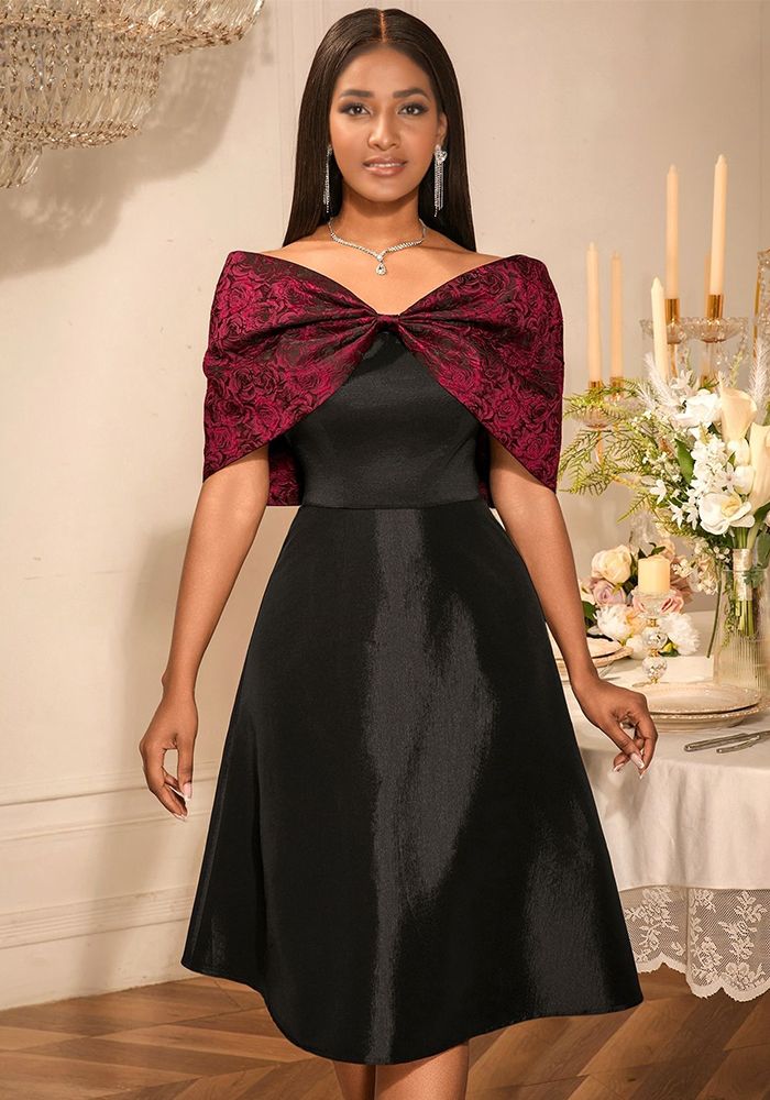 Robe de Soirée Formelle Noire à Épaules Dégagées avec Nœud Élégant Africain en Jacquard Rose