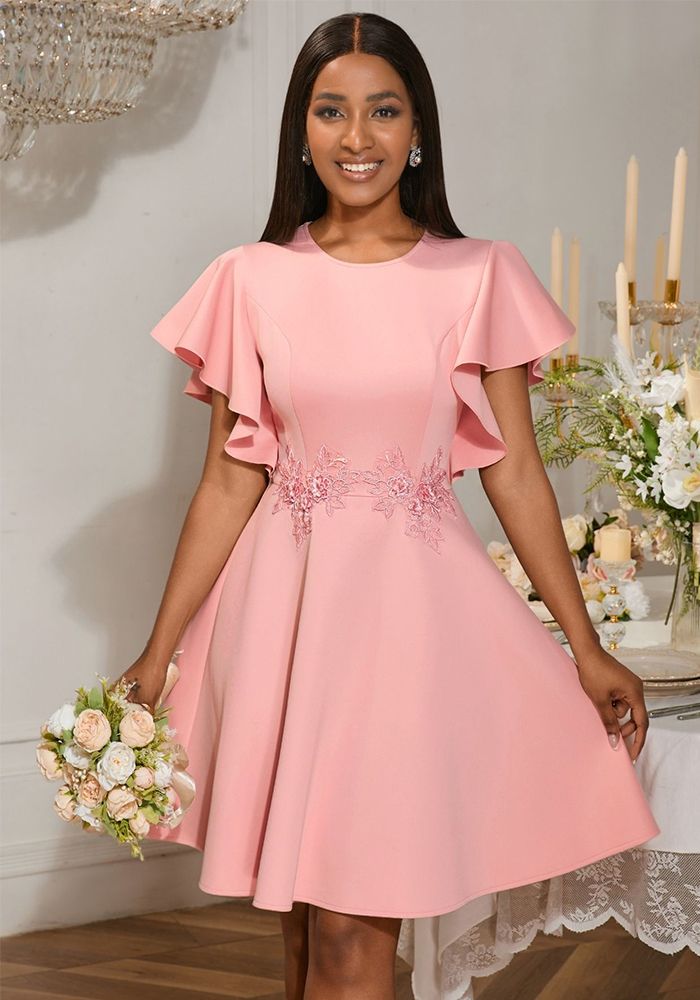 Robe Courte à Col Rond Chic d'Été Brodée de Fleurs A-Line pour Fête