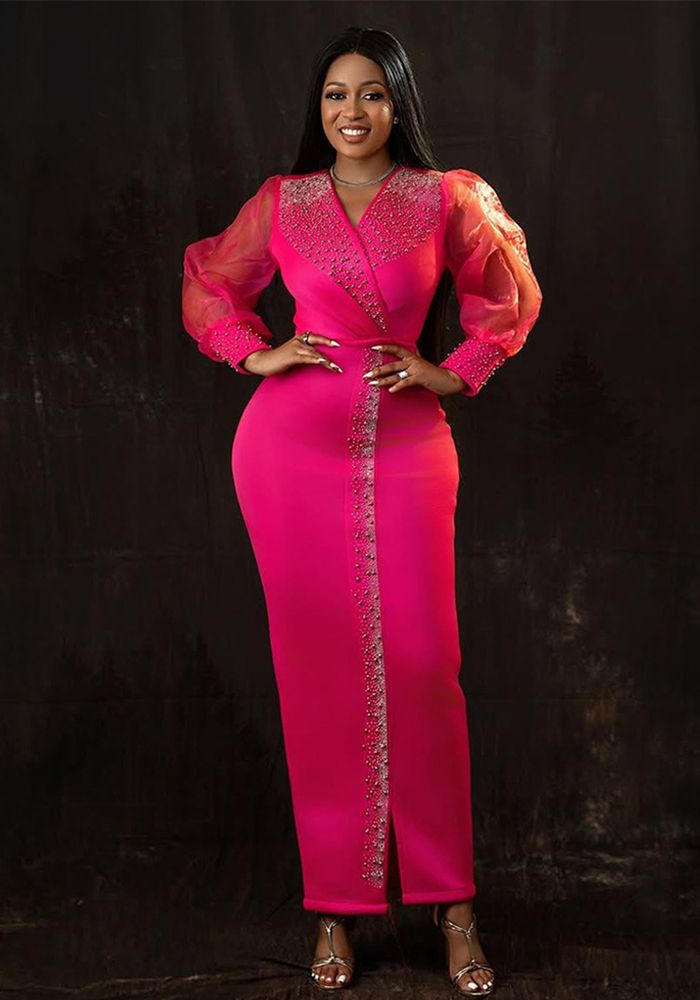 Robe Maxi V-Neck Élastique à Manches Bouffantes Perles pour Femmes