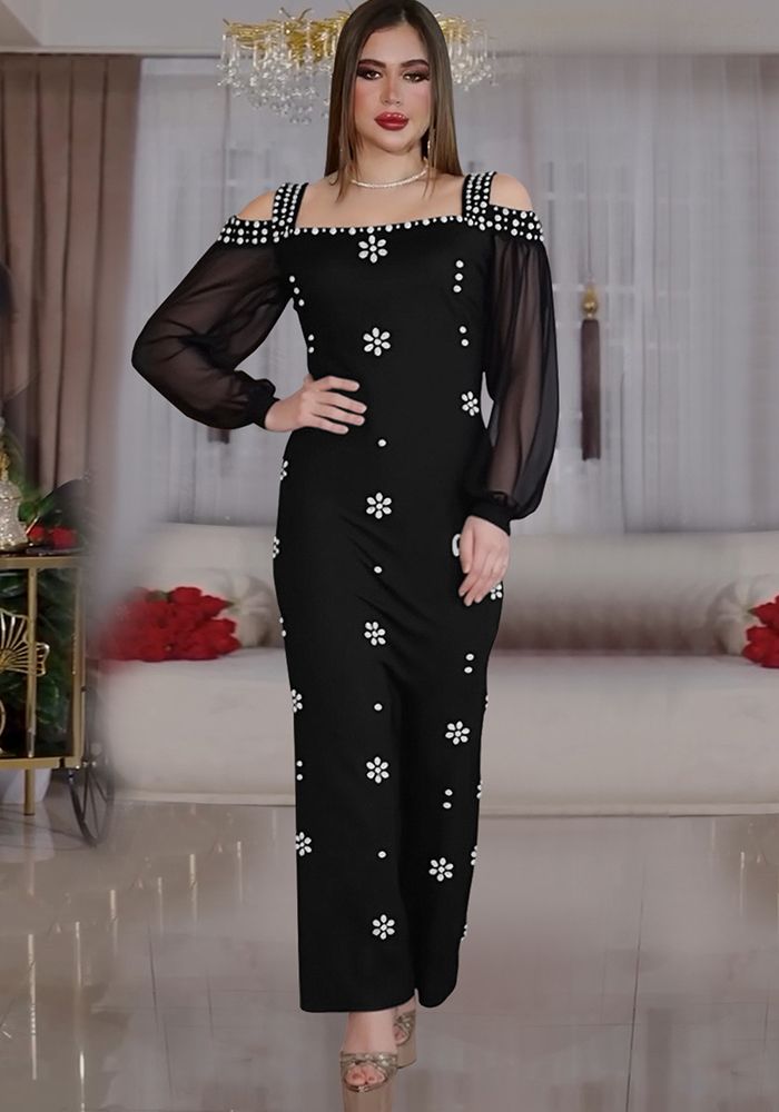 Robe Longue Slim en Maille Élégante avec Rhinestones pour Femmes