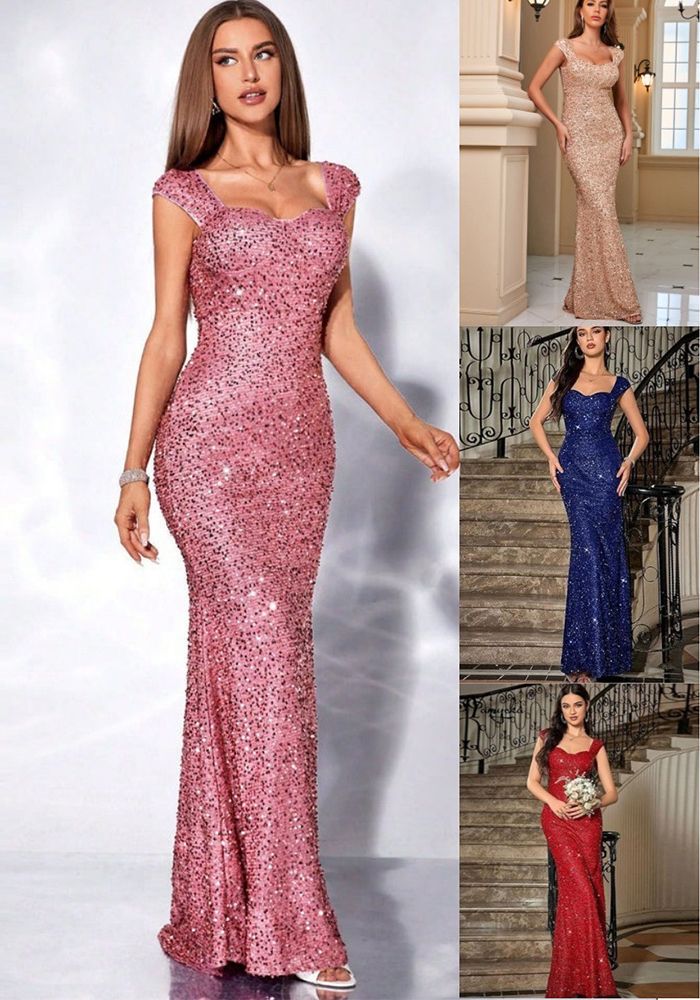 Robe de soirée à bretelles en sequins U-Neck pour femmes