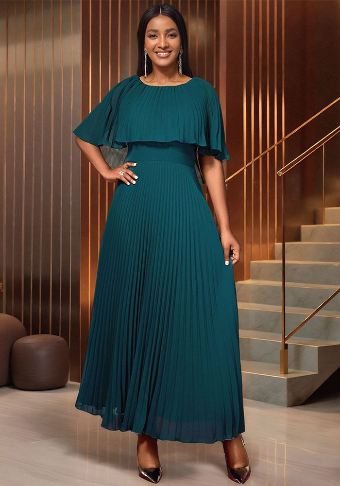 Robe à Col Rond avec Cape et Manches Courtes - Robe Plissée Formelle à la Mode