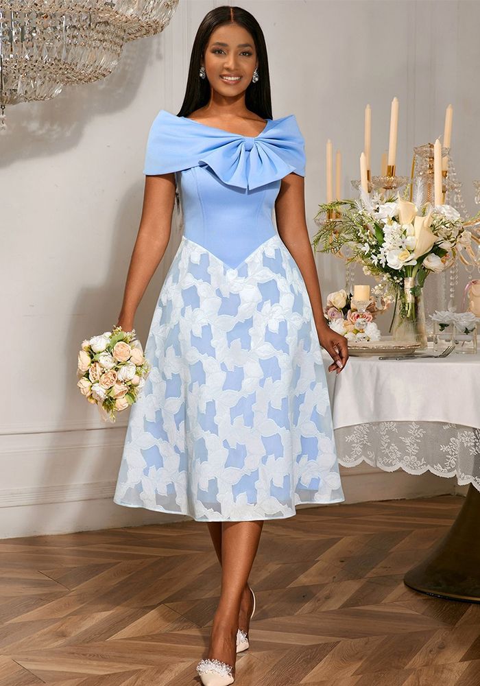 Robe de Soirée Élégante à Noeud Off-Shoulder en Patchwork Bleu en Chiffon Taille Haute