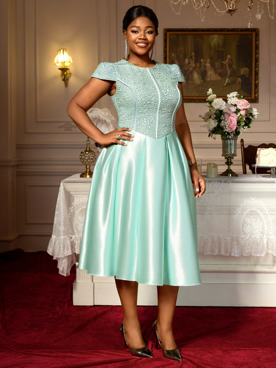 Robe de demoiselle d'honneur en jacquard rose à col rond d'été avec nœud et lacets élégante