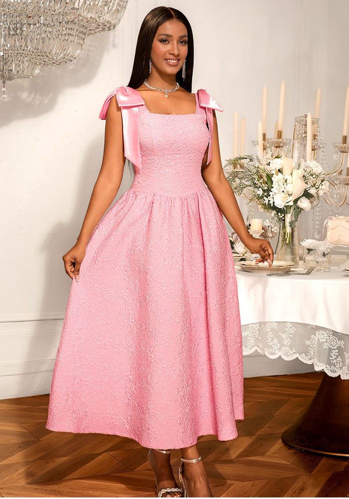 Robe de soirée formelle A-Line en jacquard rose avec nœud élégant et lacets pour femmes