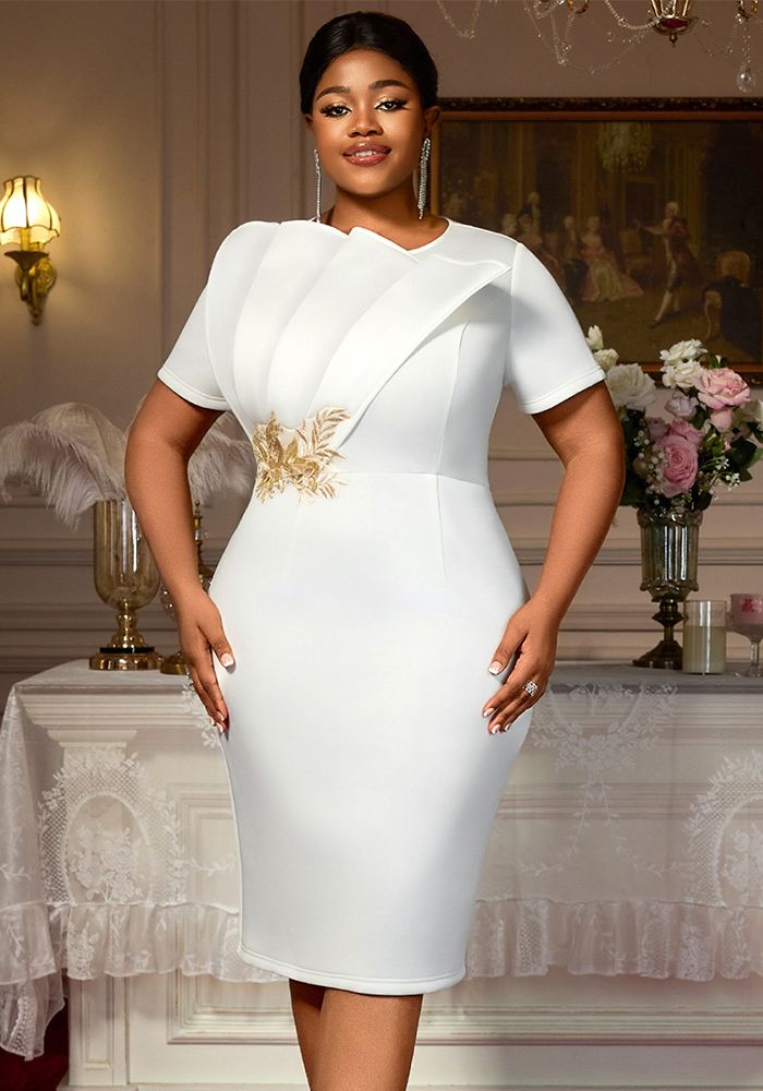 Robe de soirée formelle à manches courtes brodée grande taille taille haute