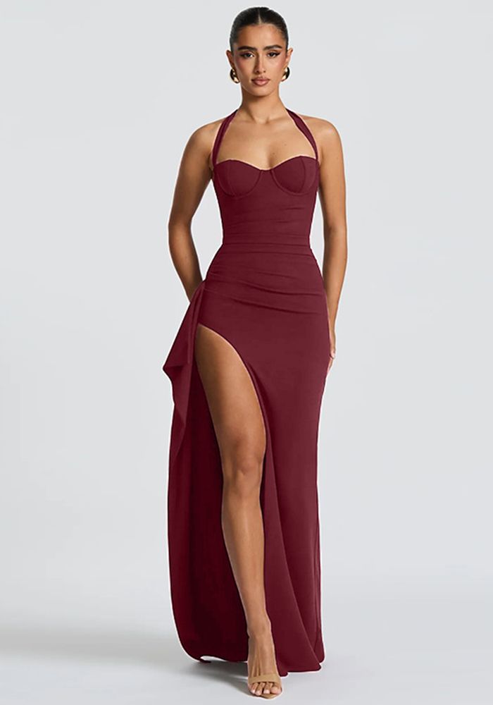 Robe à Bretelles Halter Femme avec Lacets et Fente Plongeante