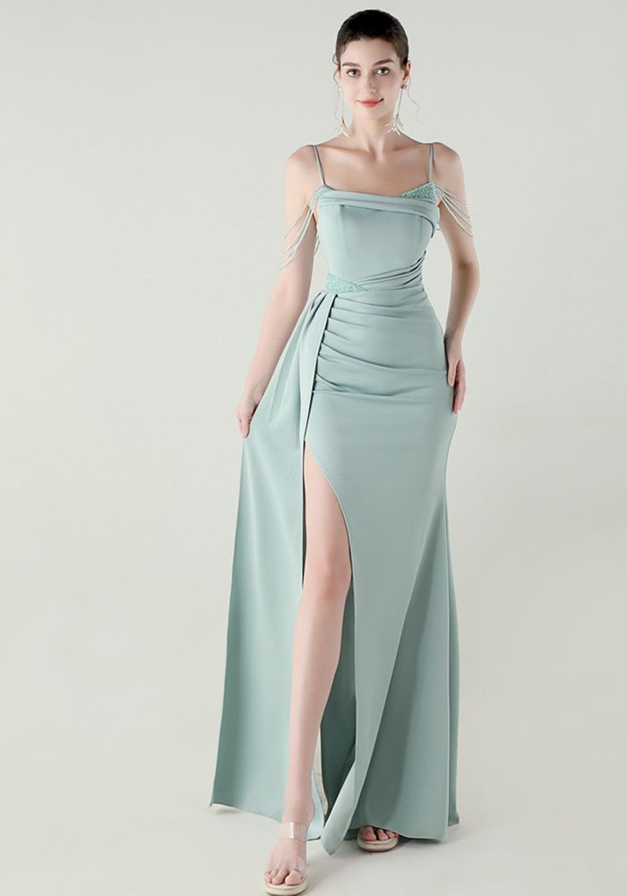 Robe de soirée à fente en queue de poisson avec chaîne en perles pour femmes
