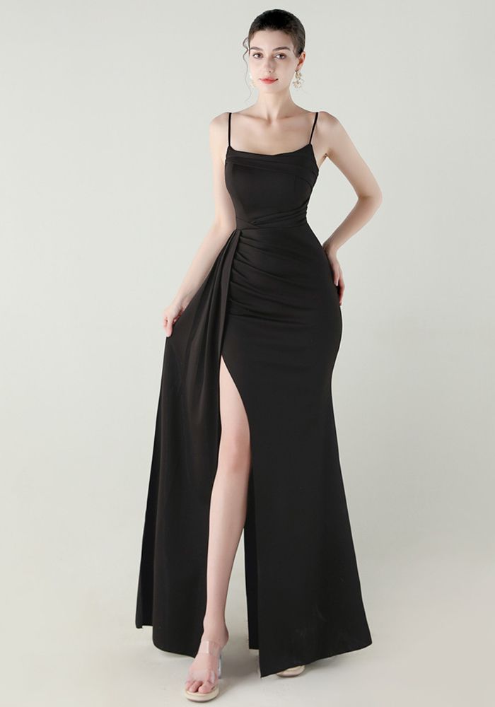 Robe de soirée sirène en satin sans bretelles ornée de perles pour femmes