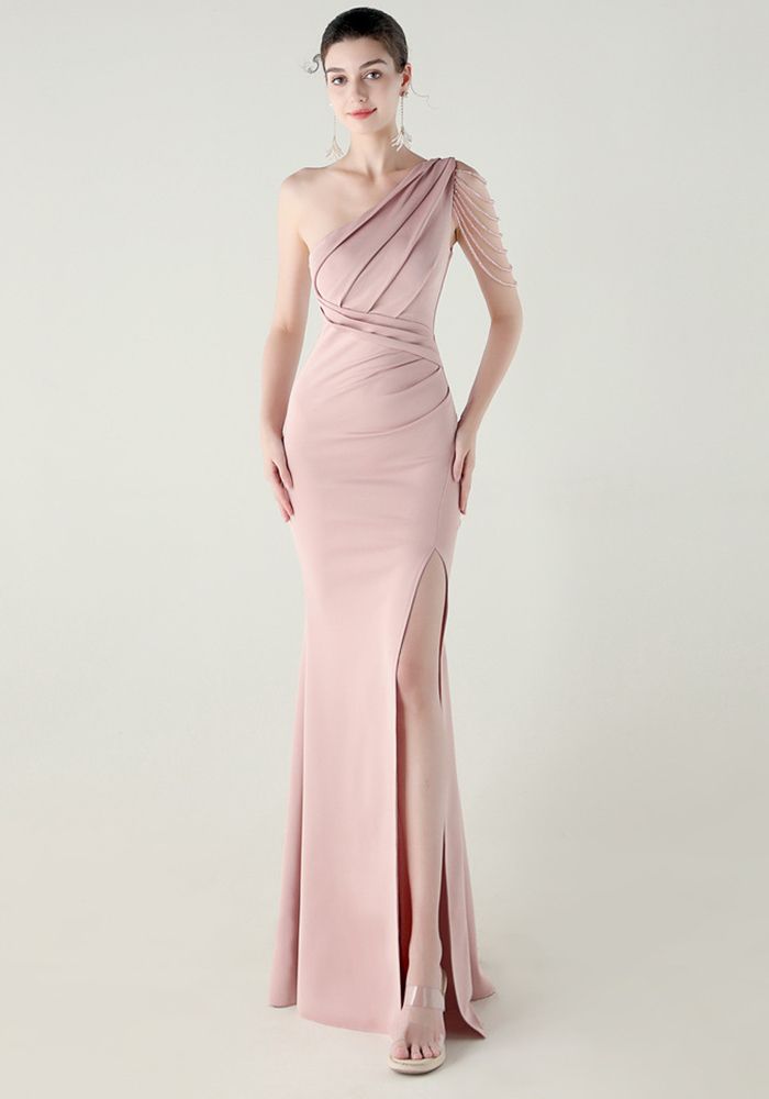 Robe de soirée femme sans bretelles en satin plissé avec fente en queue de poisson