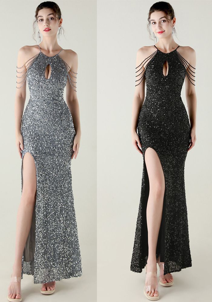 Robe de soirée femme à col halter en sequins et perles avec fente en queue de poisson
