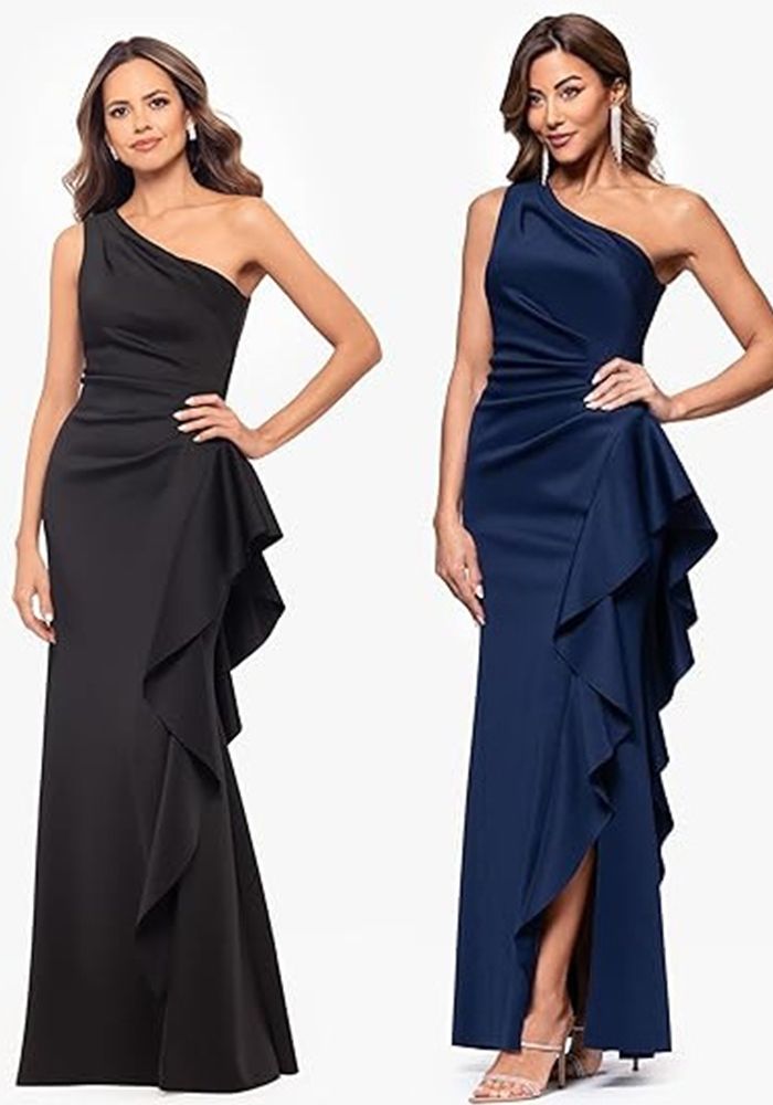 Robe de soirée élégante chic à épaule unique, couleur unie, taille slim, fente haute, volants sur le côté, style sirène