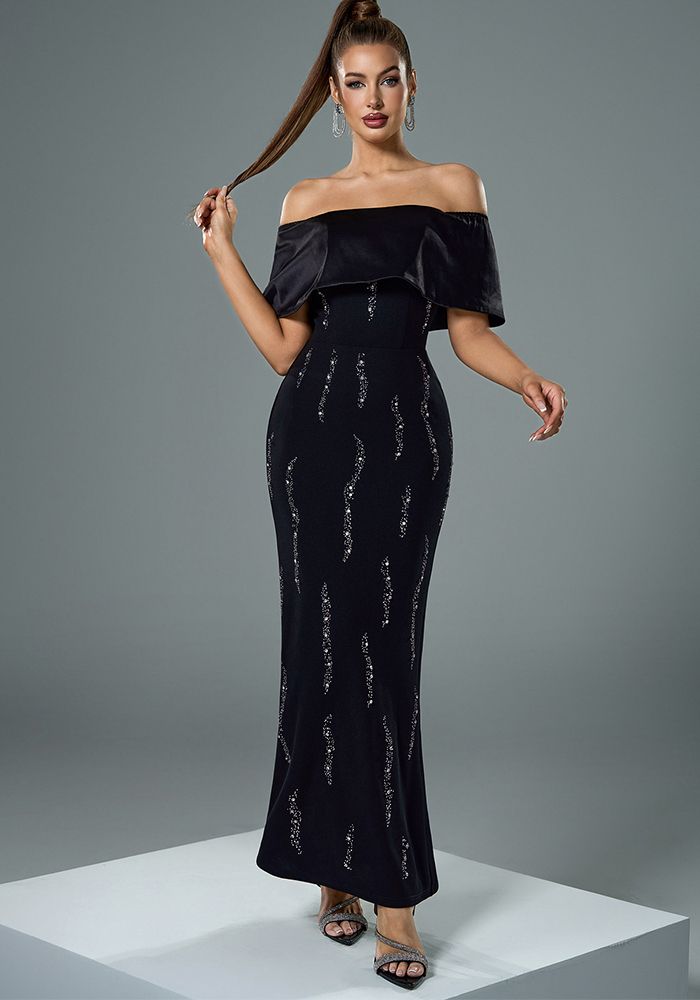 Robe de soirée noire moulante à manches courtes et épaules dénudées pour femmes ornée de perles