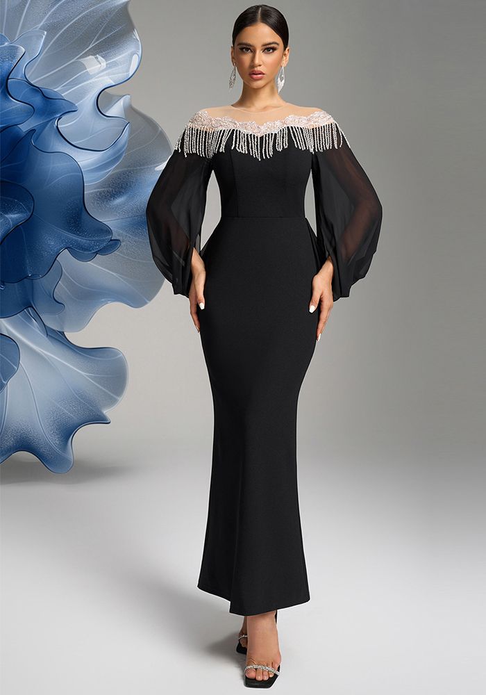 Robe Longue Bodycon à Manches Longues Irregulières et Col Rond pour Femmes avec Perles - Robe de Dîner