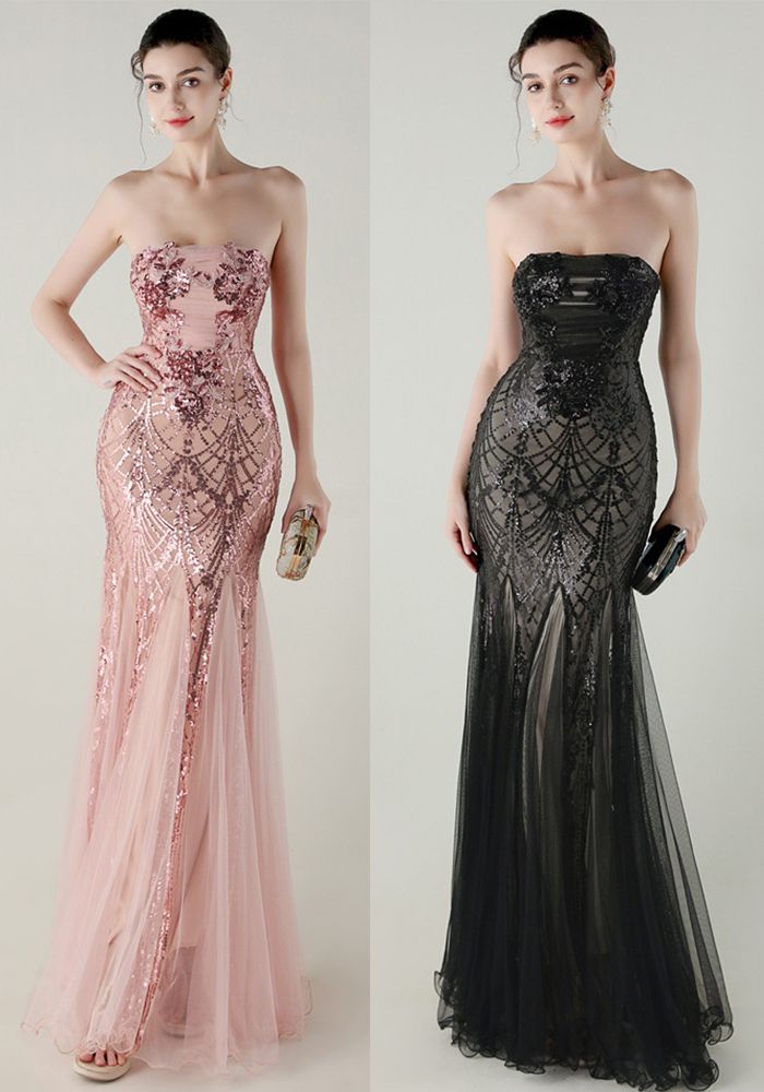Robe de soirée en mesh à sequins pour femmes sans bretelles avec lacets croisés et fleurs