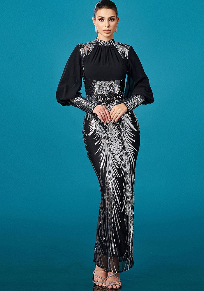 Robe de Soirée Formelle à Manches Longues pour Femmes avec Col Rond et Sequins