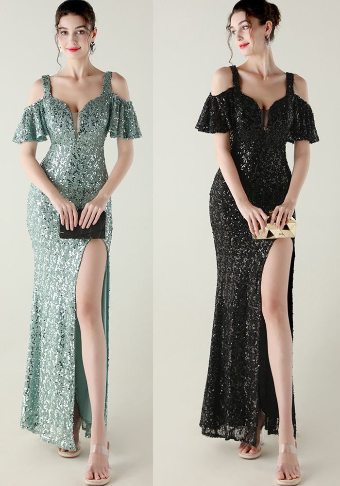 Robe de soirée formelle à manches courtes, décolleté en V, fente, queue de poisson, ornée de sequins pour femmes