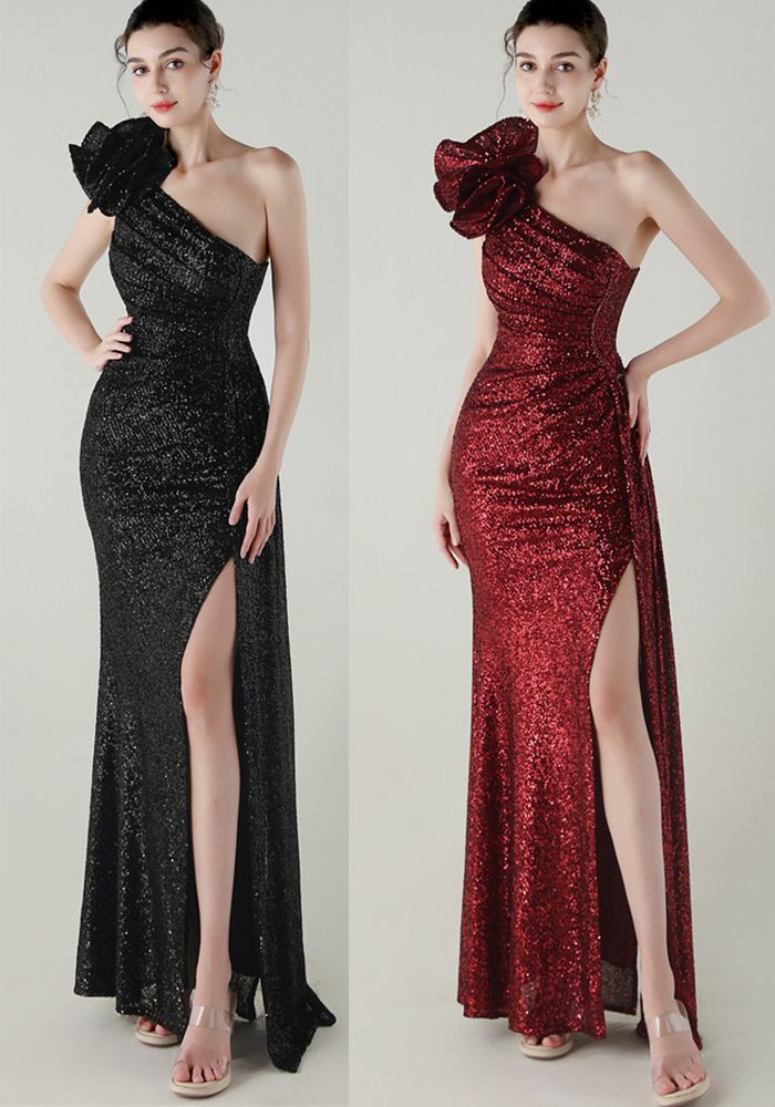 Robe de soirée femme à une épaule en sequins avec fleurs et perles en forme de queue de poisson