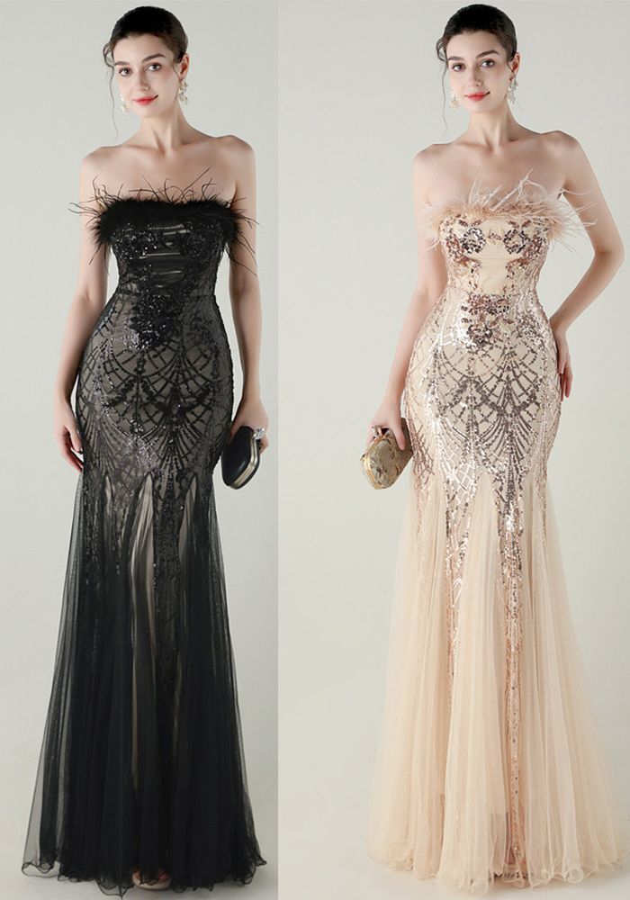 Robe de soirée à fleurs en tube à sequins pour femmes avec plumes d'autruche sans bretelles, croisée, à lacets, en mesh, style sirène