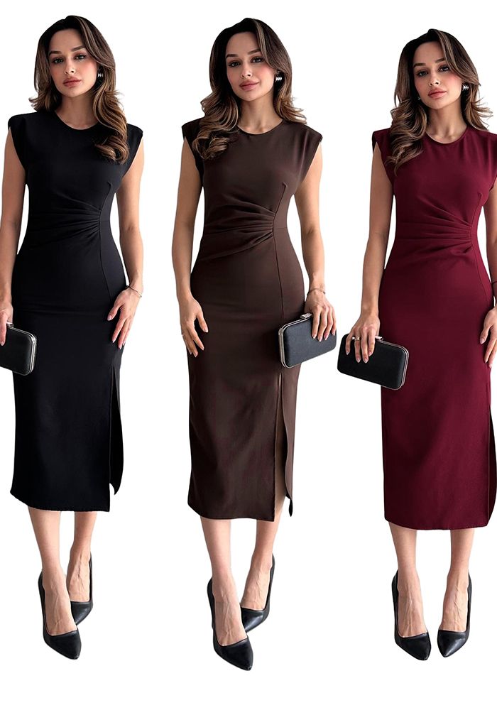 Robe Midi Élégante Sans Manches de Couleur Unie