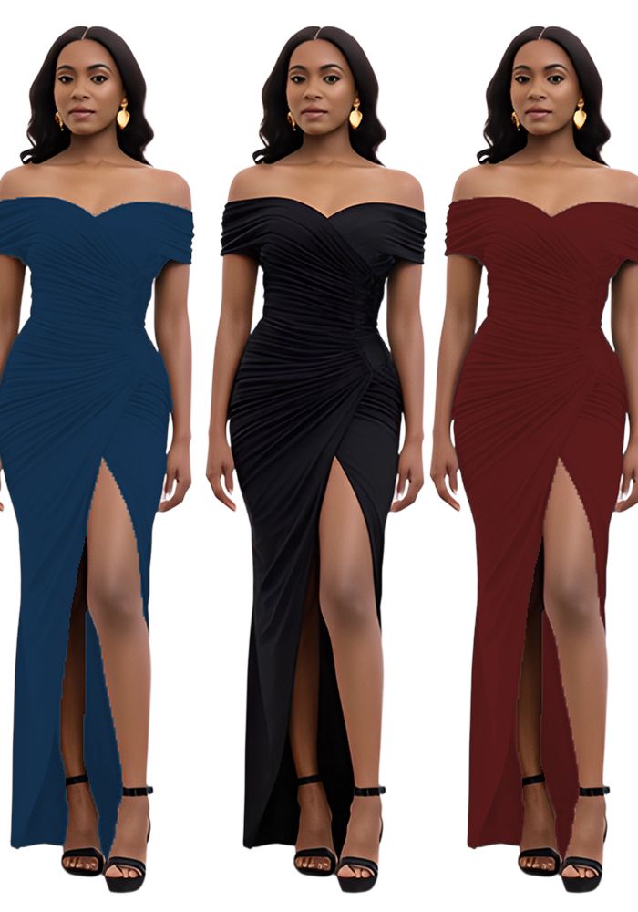Robe Longue Fendue Unie À Épaules Dénudées