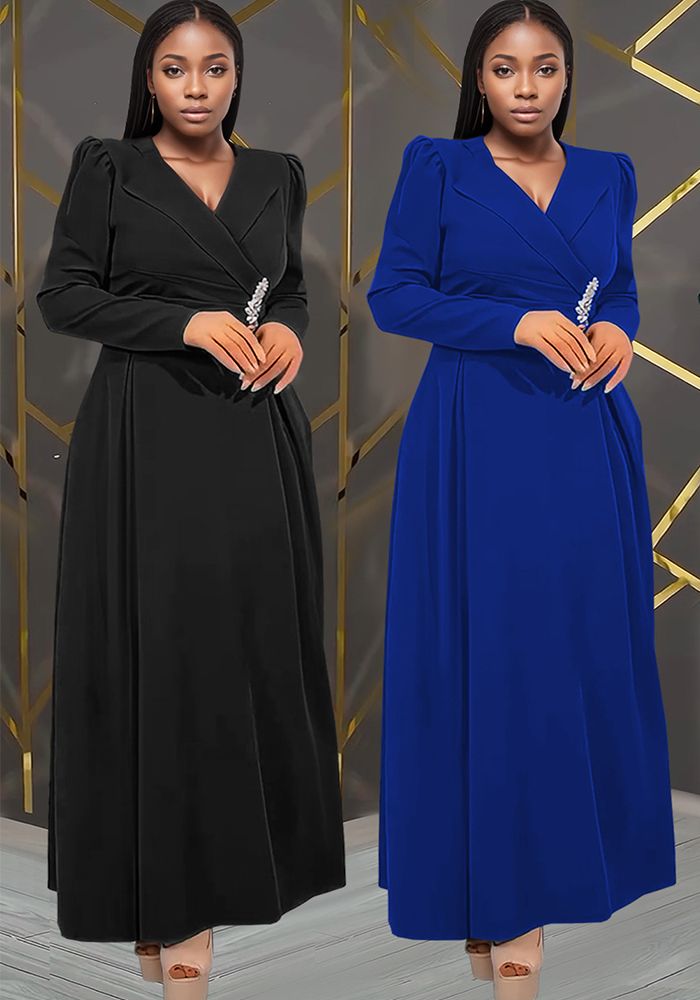 Robe Longue à Col Rabattu Croisé pour Femmes