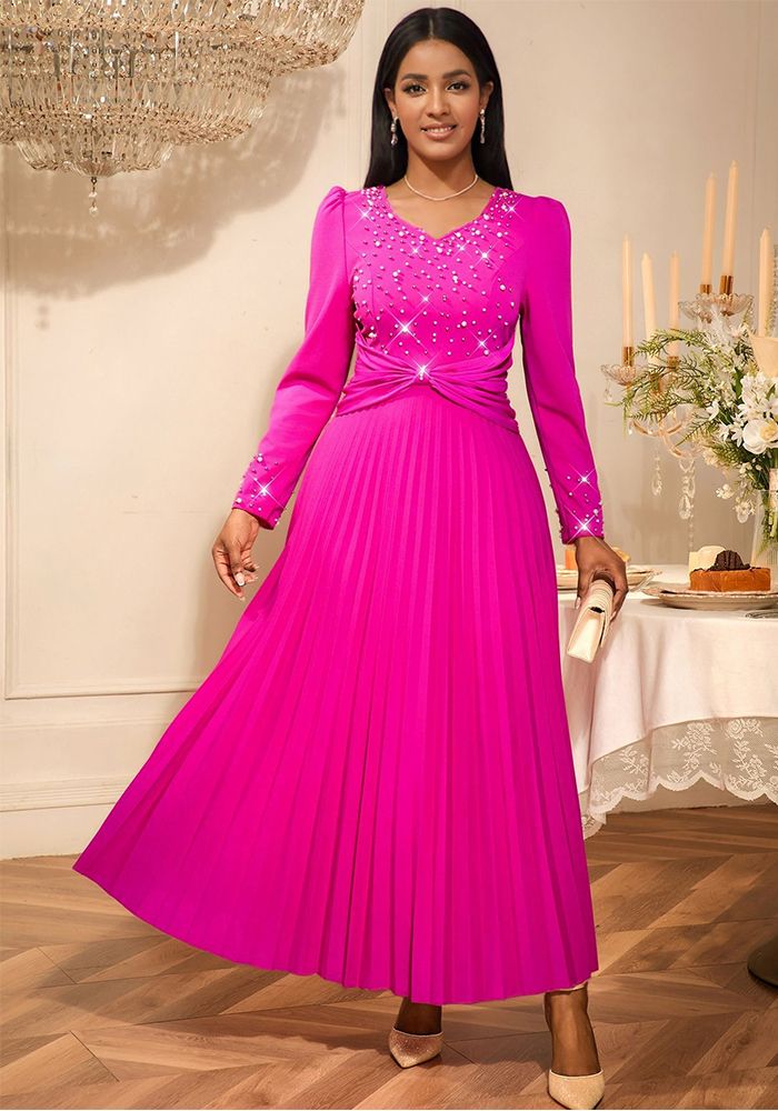 Robe de soirée plissée à manches longues et décolleté en V pour femmes ornée de perles