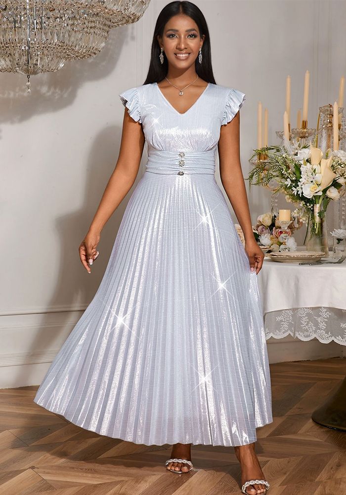 Robe de demoiselle d'honneur pour femmes en argent, décolleté en V, plissée, élégante, robe de soirée formelle