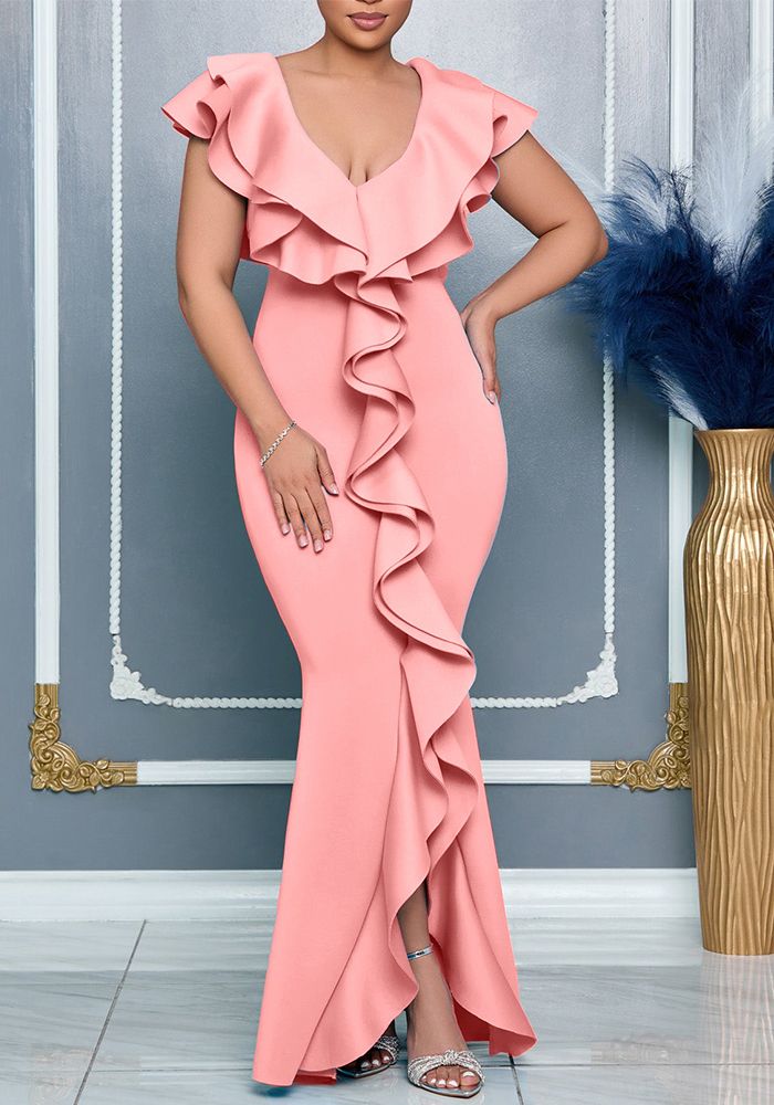 Robe Maxi Sirène à Encolure en V et Fente pour Femmes - Mode Été Couleur Unie