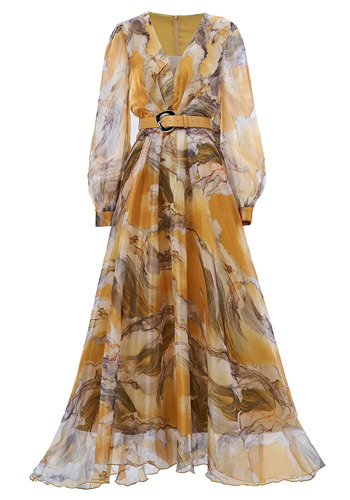 Robe de soirée en maille plissée à manches longues et décolleté en V pour femmes