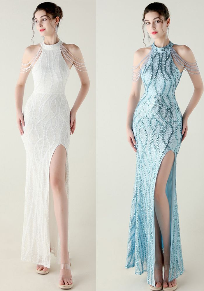 Robe de soirée à sequins et perles, sans épaules, à halter et en queue de poisson