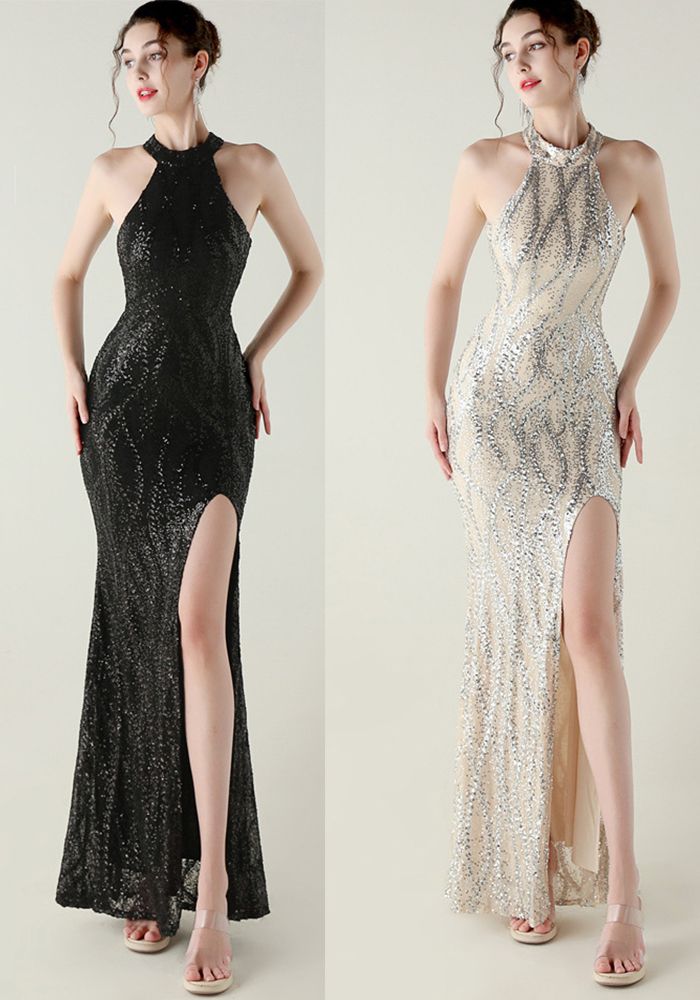Robe de soirée formelle à dos nu en sequins et perles avec fente haute