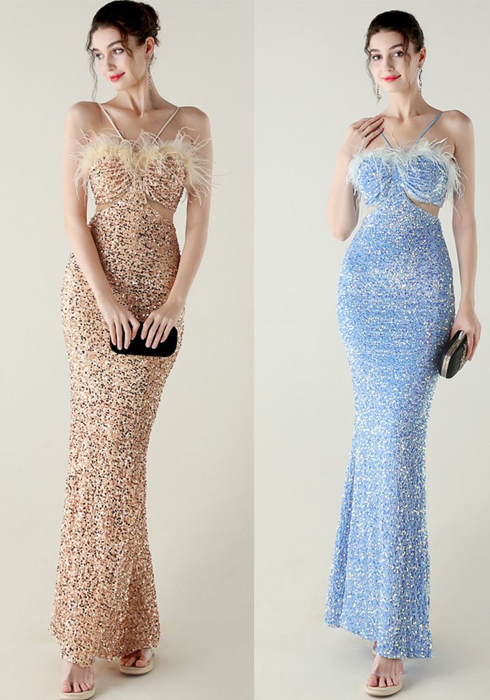 Robe de Soirée A-Line en Velours avec Paillettes et Plumes