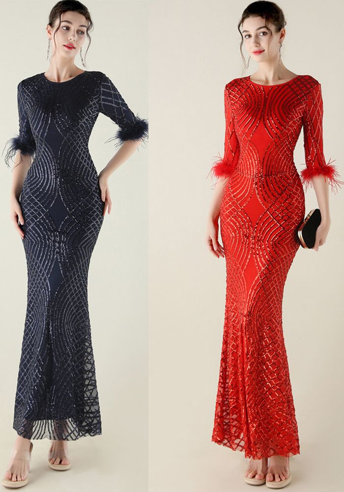 Robe de Soirée Fishtail à Manches Mi-Longues en Sequins et Plumes