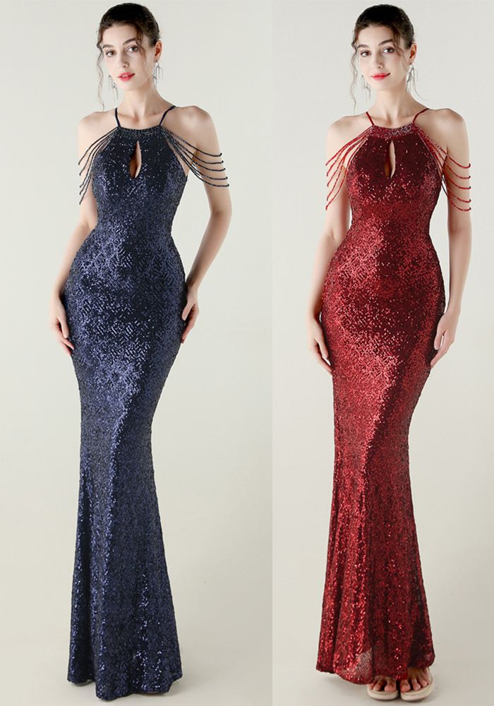 Robe de soirée de luxe à sequins et perles, sans épaules, halter, en forme de queue de poisson