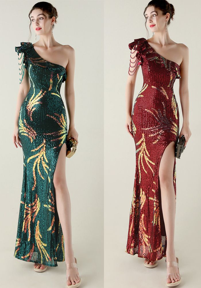 Robe de soirée à sequins et perles à une épaule avec fente haute