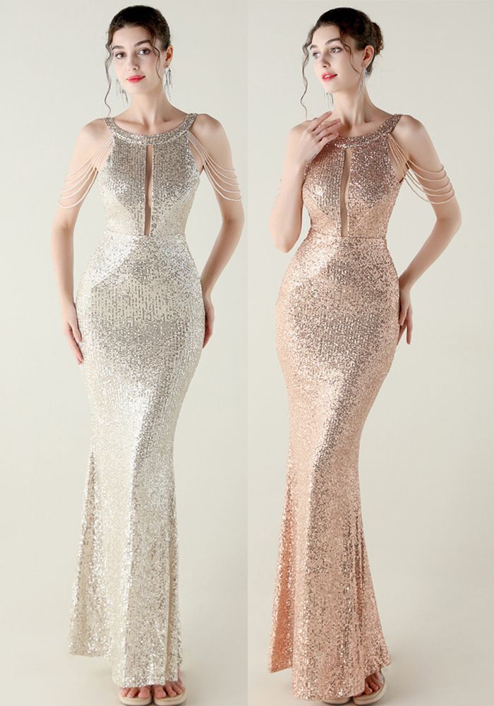 Robe de Soirée Fishtail à Bretelles Dénudées en Sequins et Perles