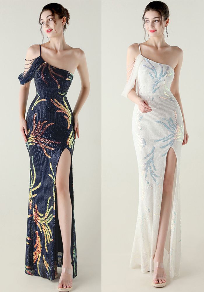 Robe de soirée à sequins en maille, épaules dénudées, fente haute, queue de poisson