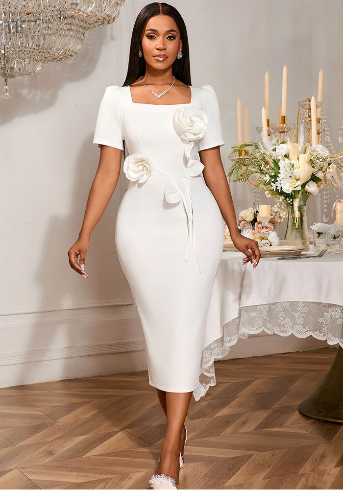 Robe de Soirée Formelle à Fleurs Élegante à Encolure Carrée et Volants Taille Haute