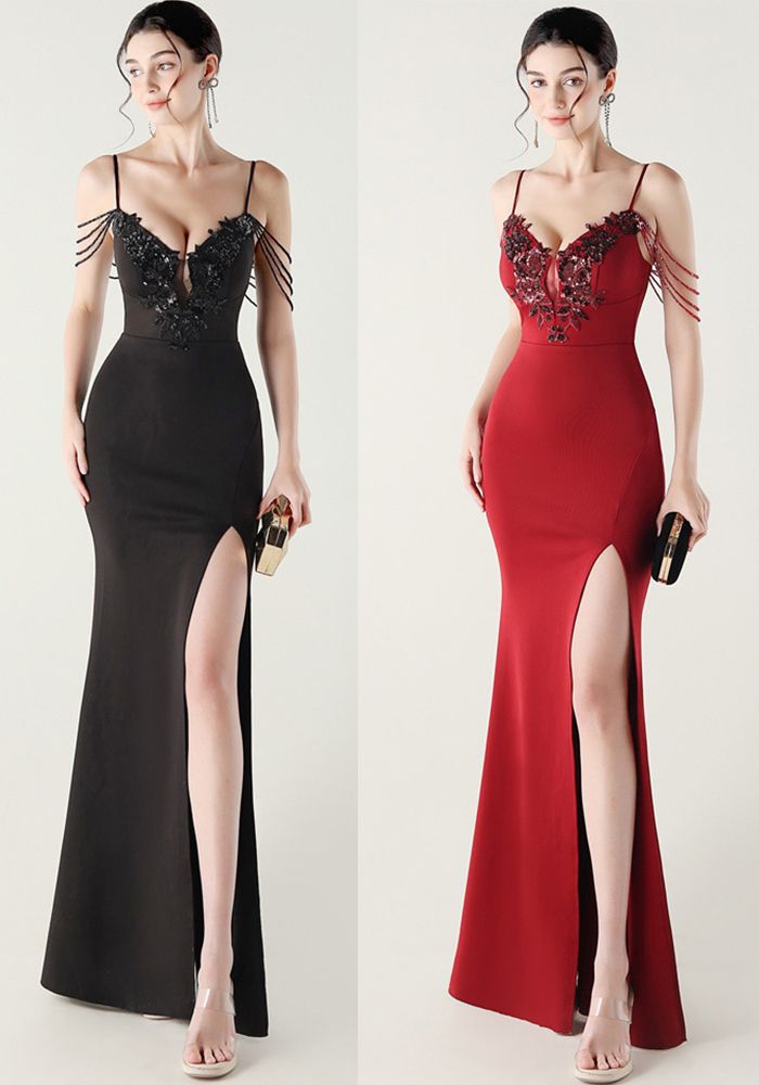 Robe de soirée formelle à appliqué en tube perlé pour femmes avec lacets en dentelle en forme de poisson