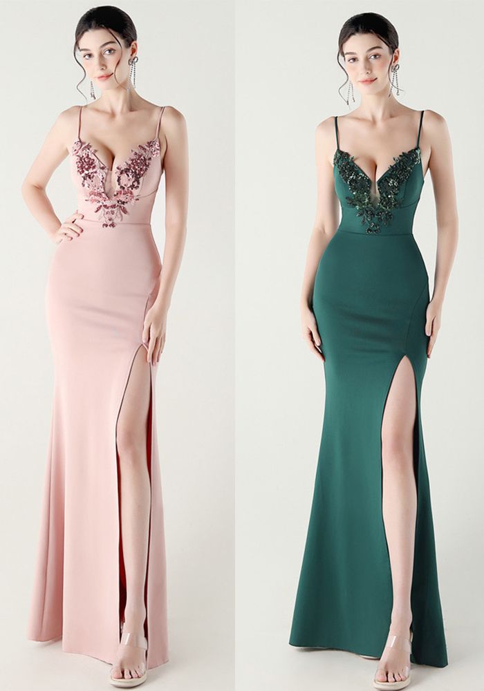 Robe de soirée à traîne en dentelle à appliqué pour femmes