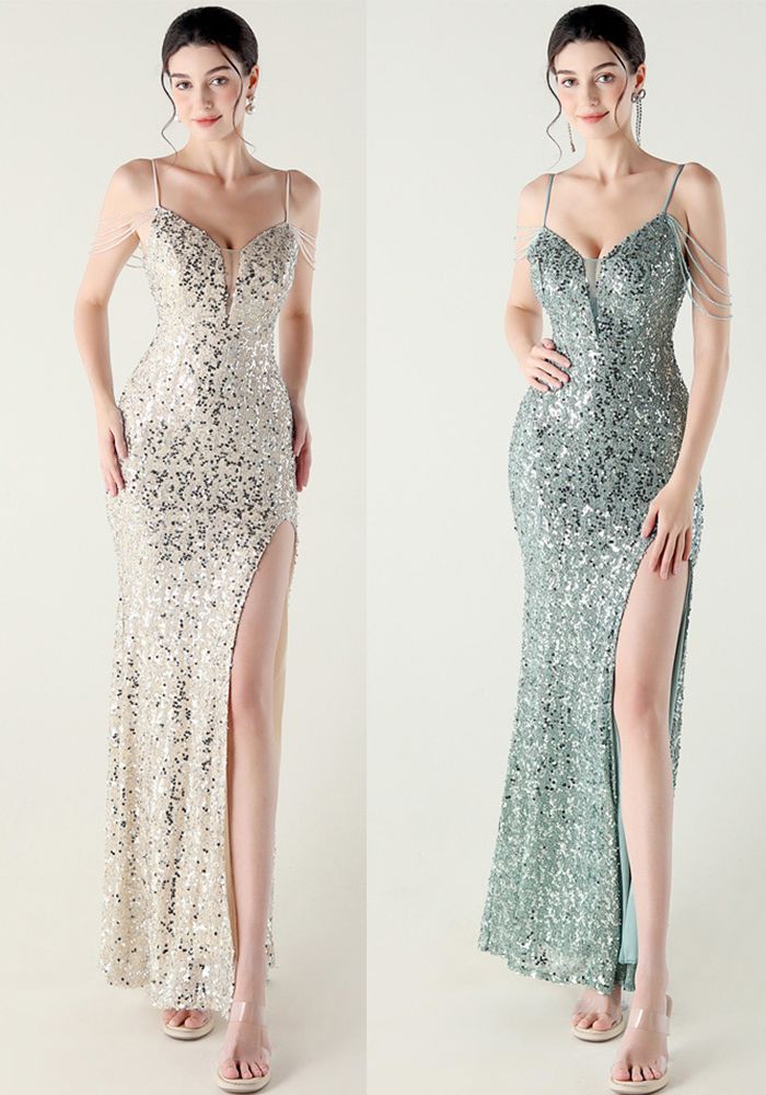 Robe de Soirée Formelle à Bretelles pour Femmes avec Perles Lourdes, Décolleté en V, Fente et Lacets