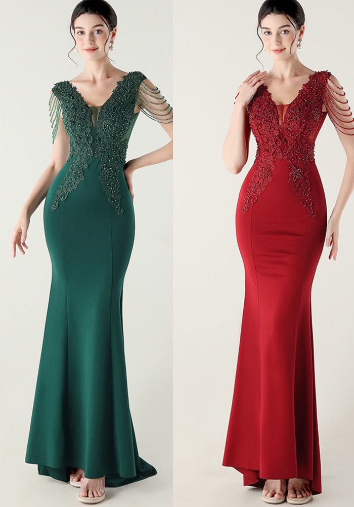 Robe de soirée formelle à lacets avec appliqué en perles lourdes pour femmes