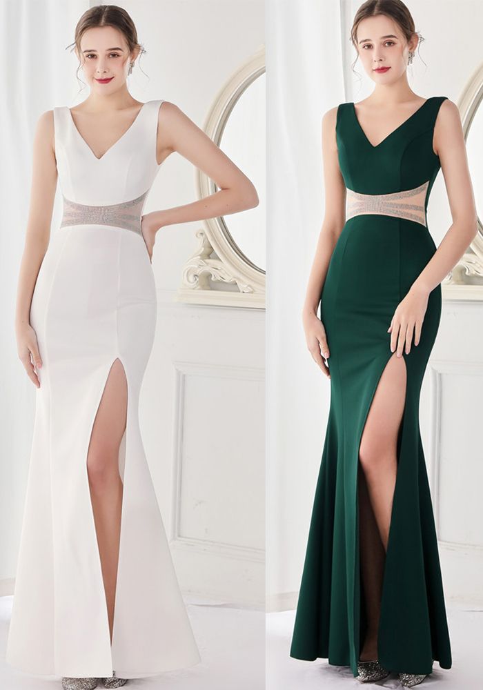 Robe de Soirée Sirène Élégante d'Été à Décolleté en V avec Taille en Rhinestones et Fente