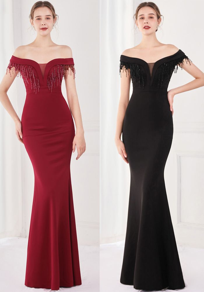Robe de Soirée Sirène Élégante avec Franges et Tassels Off Shoulder