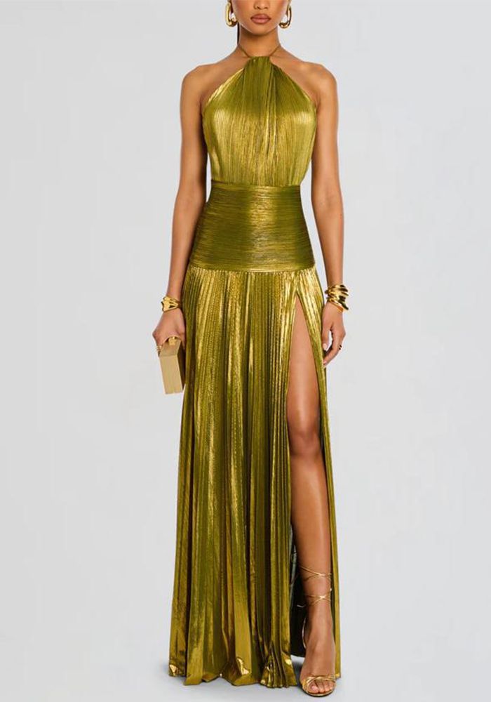 Robe de soirée sans manches à dos nu et fente plissée pour femmes avec lacets