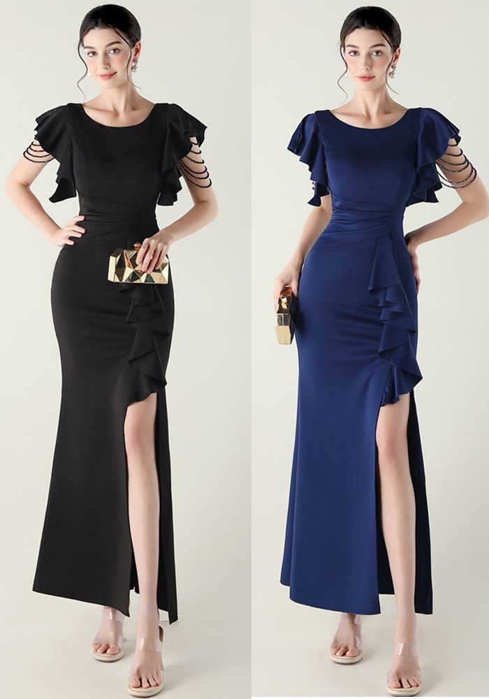 Robe de soirée formelle à col en V à volants en tube pour femmes avec perles