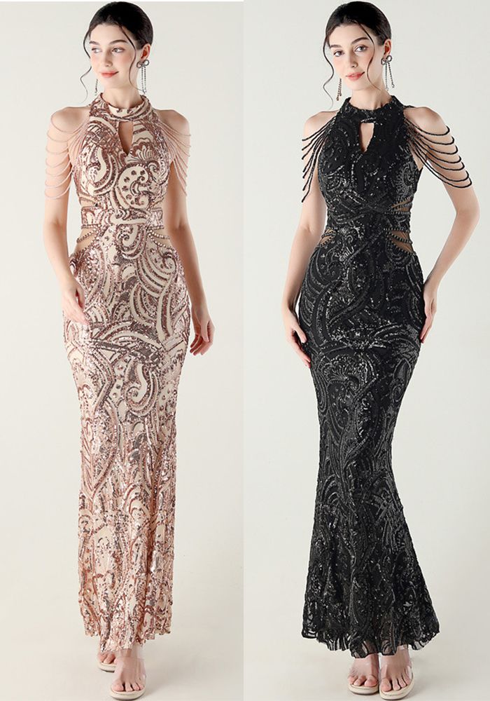 Robe de soirée formelle à col halter en sequins avec chaîne à perles pour femmes